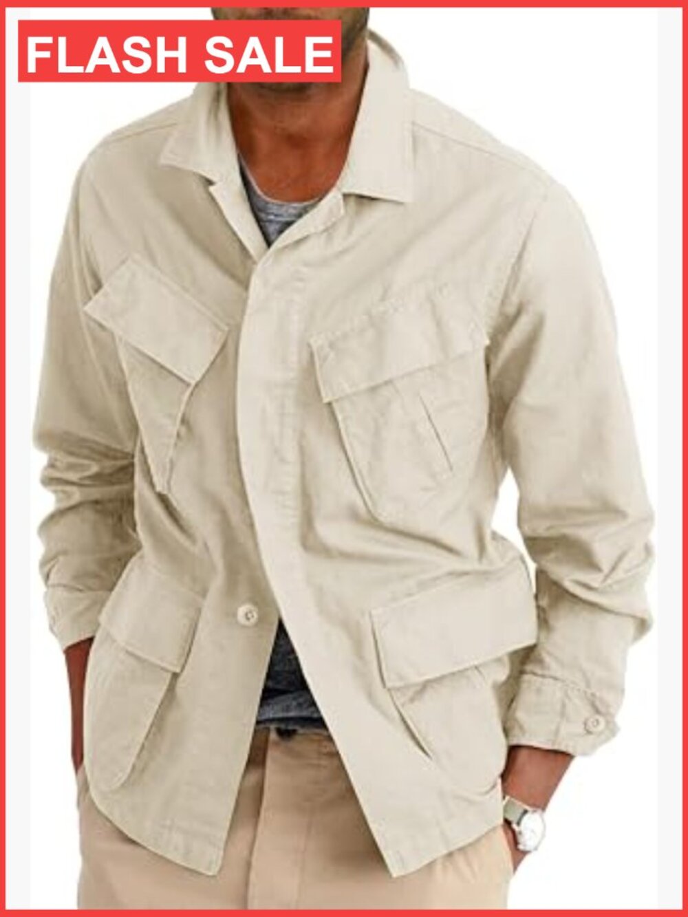 Men's Cotton Safari Jacket Lightweight Military Cargo Outwear Long Sleeve